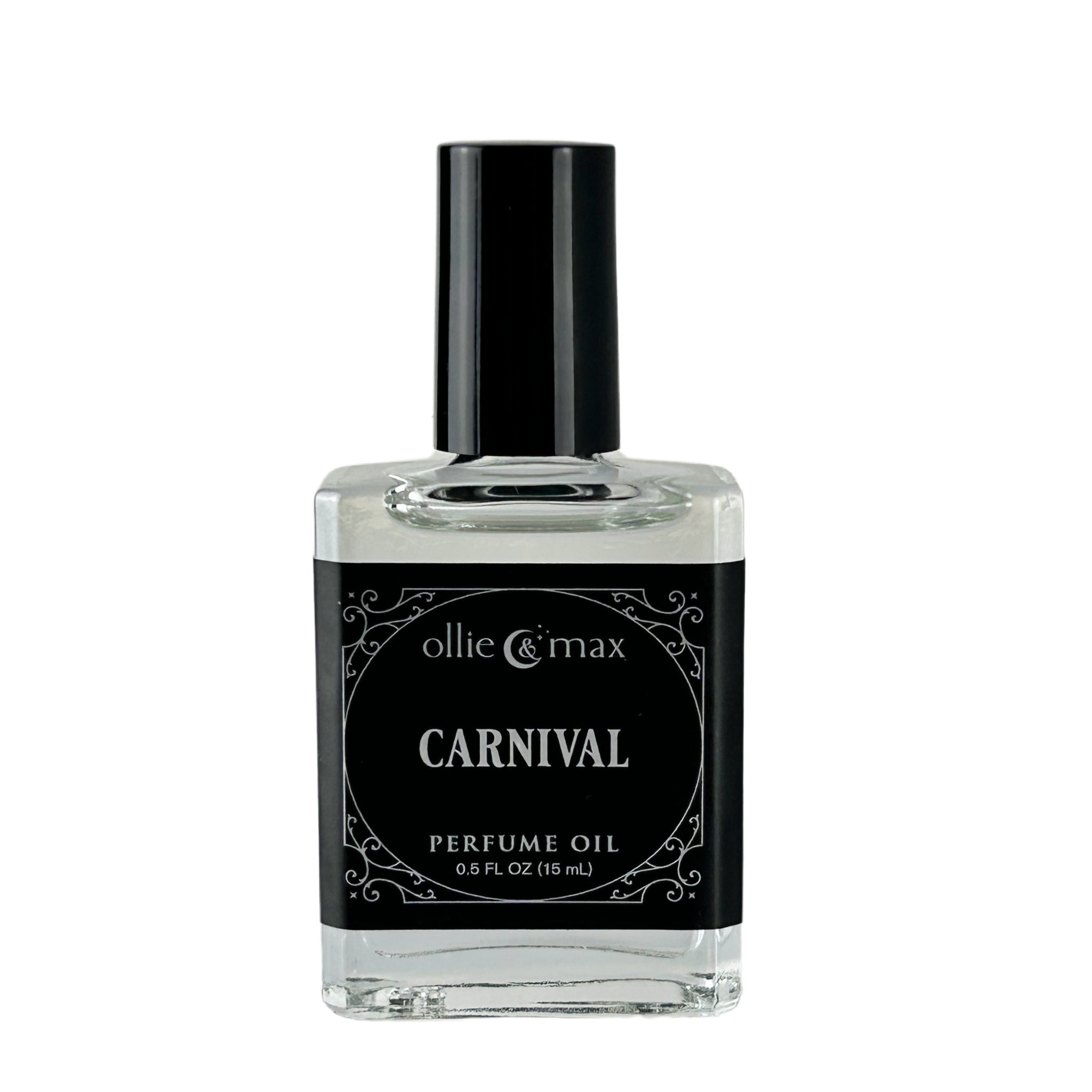 15ml rectangle glass bottle with tall black cap and black label. Carnival vegan perfume oil.