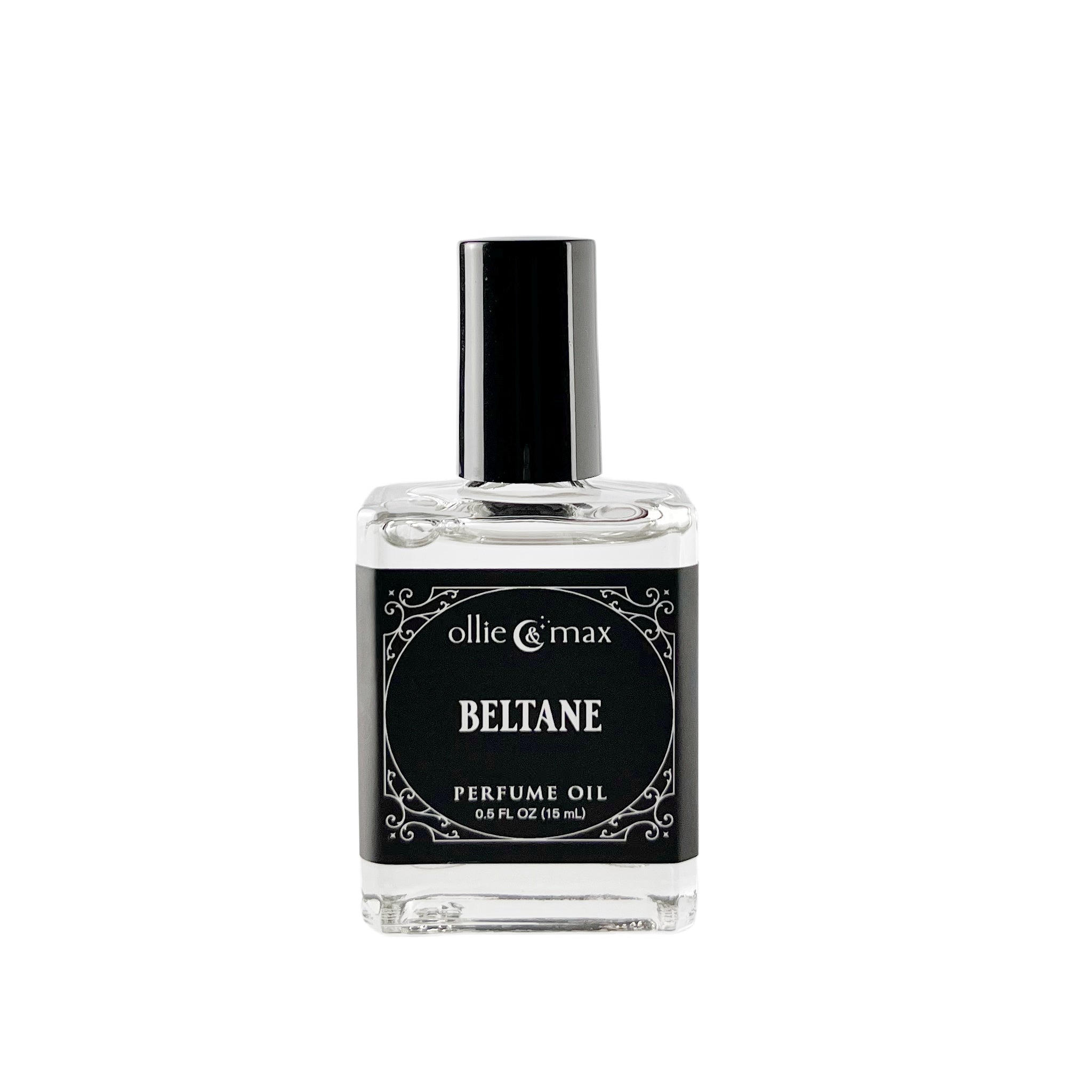 Beltane perfume, 15ml, glass rectangle bottle with black cap and black and silver label. 