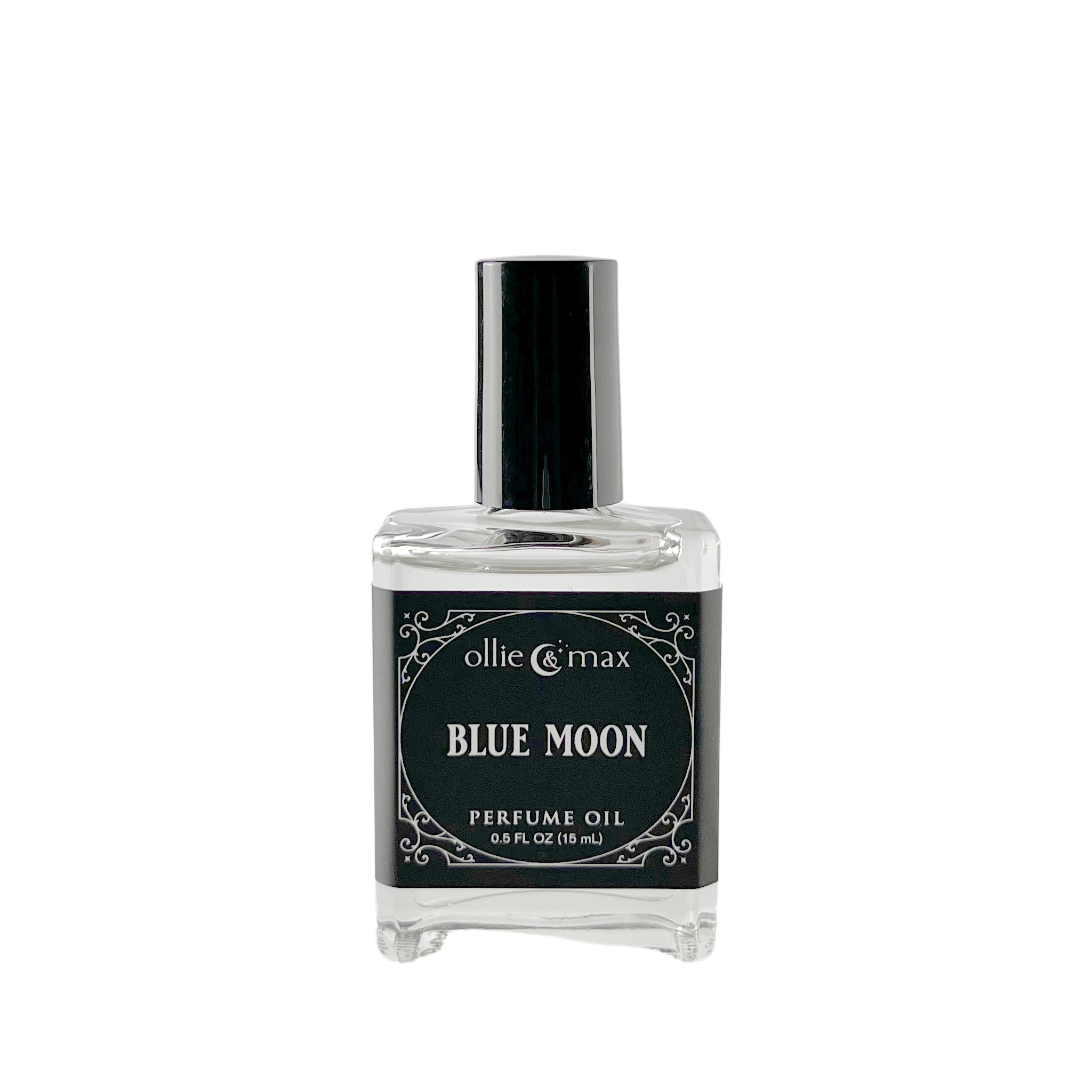 glass bottle with black label, blue moon vegan perfume 15ml