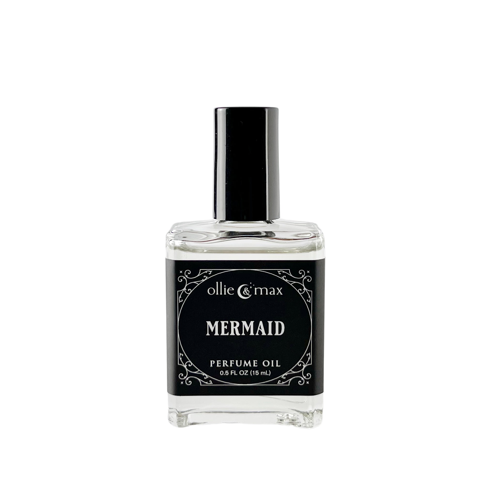 Rectangle glass perfume bottle with black cap and label, Mermaid vegan perfume, 15ml