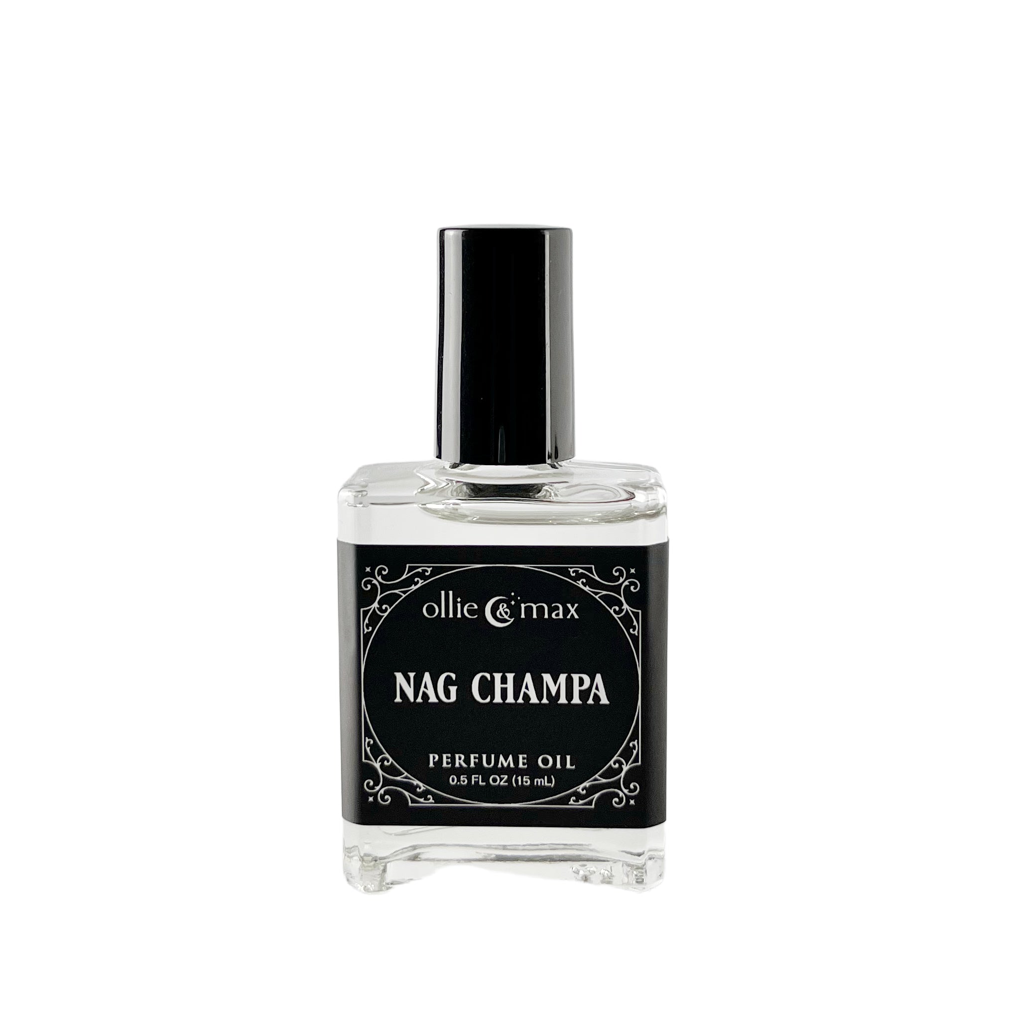 glass bottle with black label and cap, nag champs perfume oil, 15ml