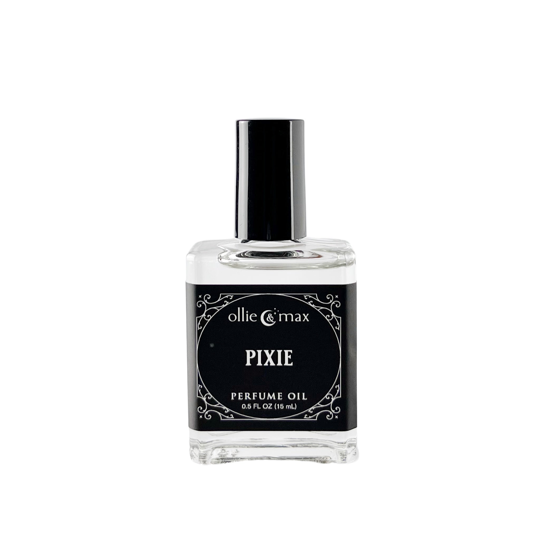 rectangular glass bottle with black cap and label, pixie perfume oil, 15ml