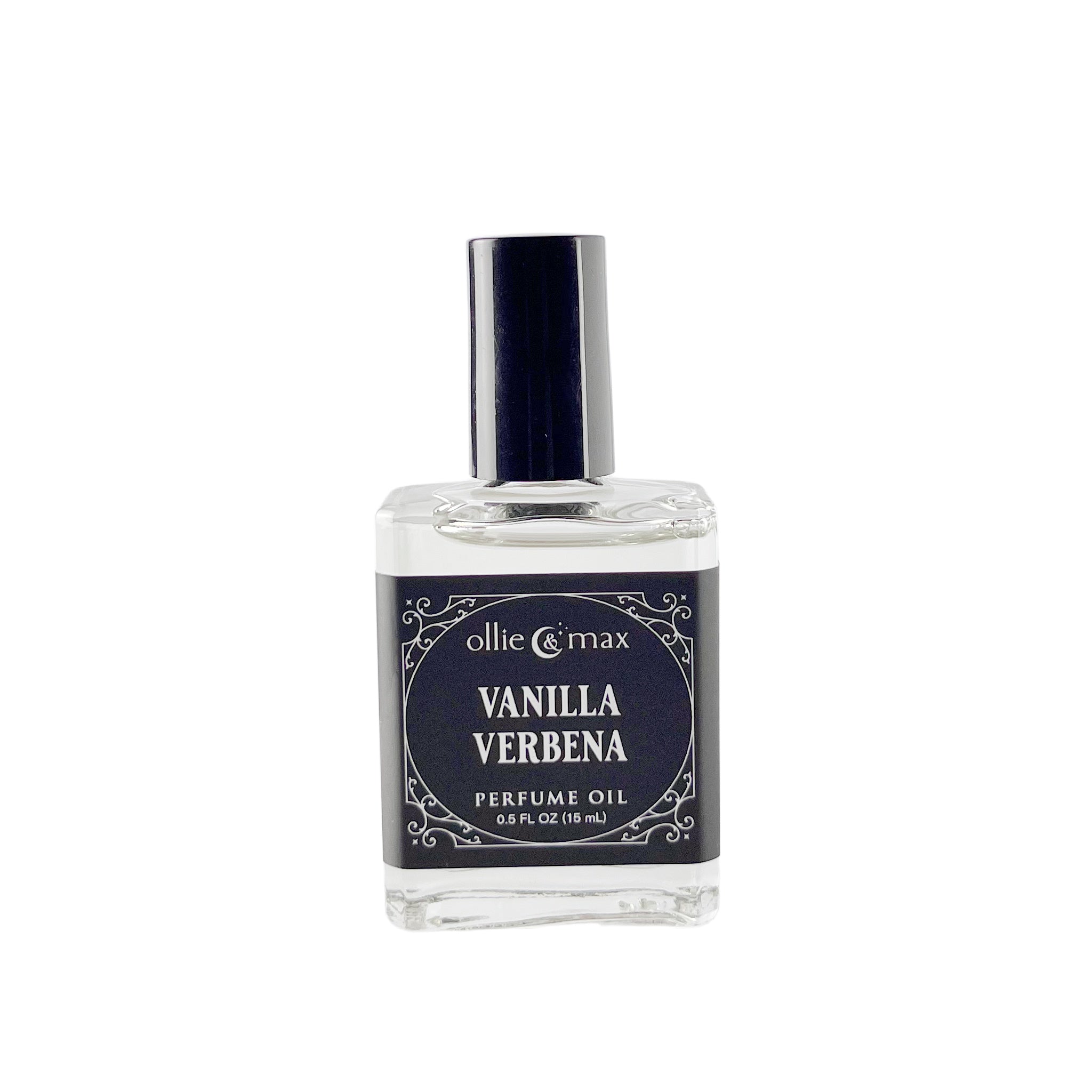 glass rectangle bottle with black cap and label, vanilla verbena perfume, 15ml