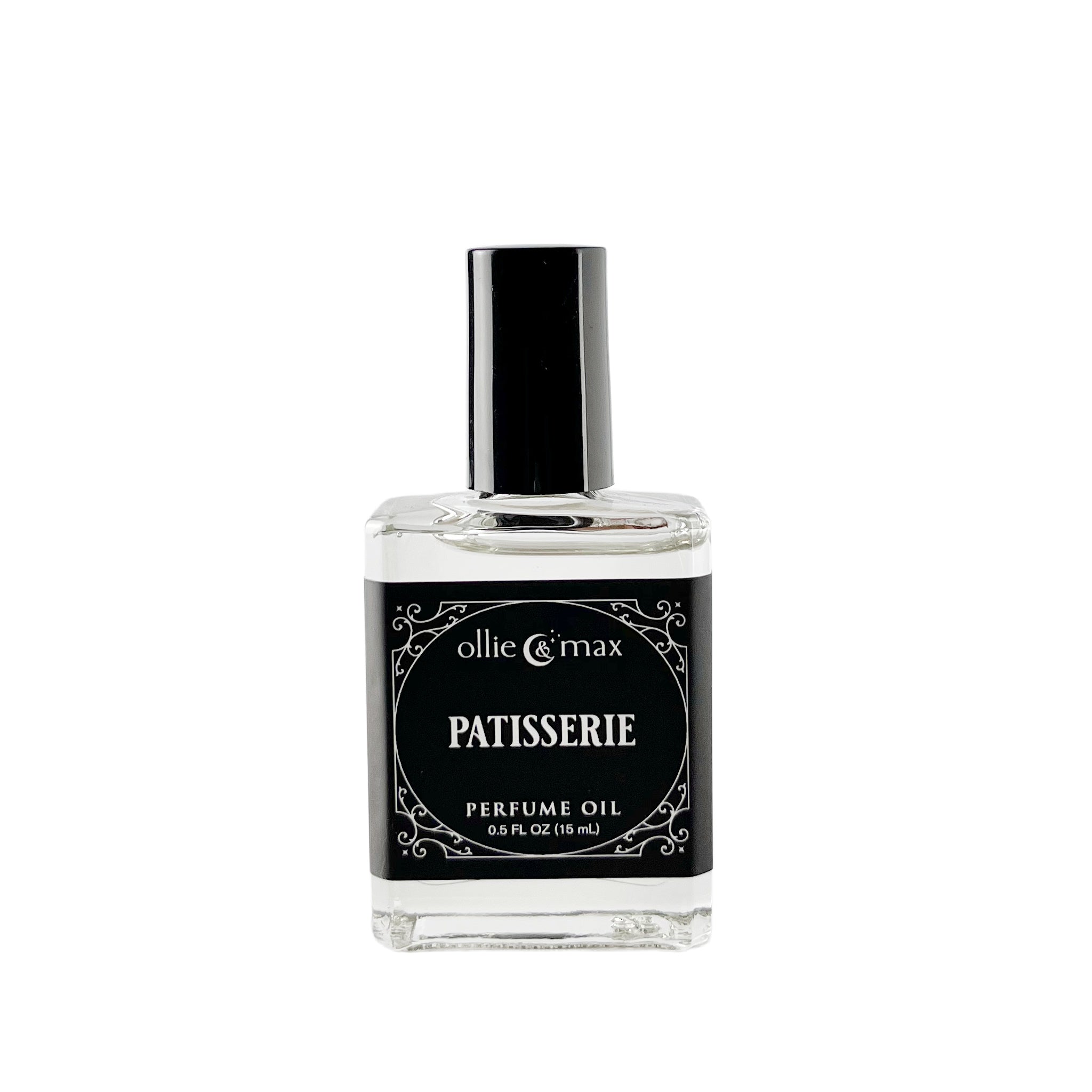 glass rectangle bottle with black cap and label, patisserie perfume oil, 15ml